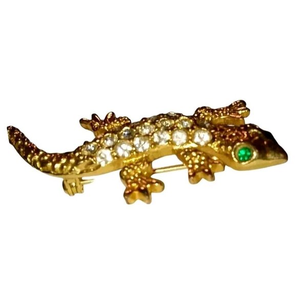 Vintage Gold Tone Lizard Brooch Pave Green White Rhinestones Textured Reptile - Picture 6 of 9